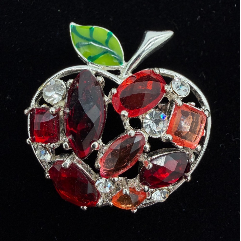 Vintage Red Rhinestone Apple Brooch Silver Tone Enamel Leaf Fruit Pin